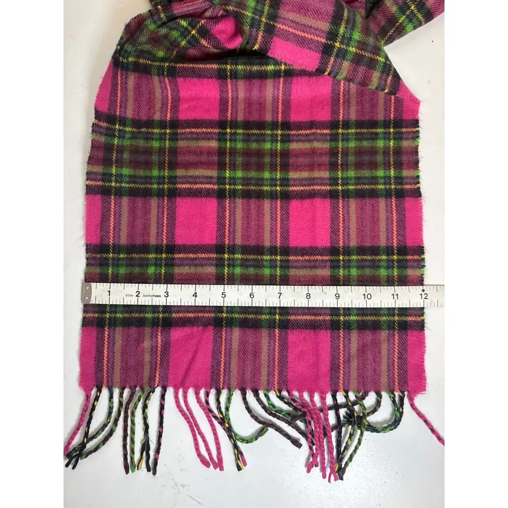 100% Cashmere Plaid Fringe Scarf Scotland Pink Green Womens Soft Bright Y2K